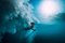 Nuture, Surfer Girl with Surfboard Dive Underwater with Under Big Ocean Wave, Papier Photographique 1