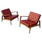 Mid-Century Danish Modern Solid Wood & Bordeaux Faux Leather Armchairs, 1960s, Set of 2, Image 1