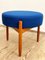 Mid-Century Danish Stool in Teak-Colored Wood with a Blue Wool Fabric Cover, 1950s 1