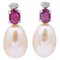 Boucles d'Oreilles Perles Roses, Rubis, Diamants et Or Blanc 18 Carat, Set de 2 1