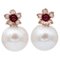 Boucles d'Oreilles Perles Blanches, Rubis, Diamants et Or Rose, Set de 2 1