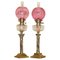 Victorian Marble Finish Corinthian Pillar Oil Lamps with Original Ruby Glass, Set of 2 1