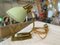 Small Mid-Century Table Lamp, Brass with Green Shrumblack, Image 8