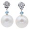 Boucles d'Oreilles en Platine avec Perles Blanches, Aigue-Marine et Diamants, Set de 2 1