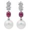 14 Karat White Gold Dangle Earrings with White Pearls, Rubies and Diamonds, Set of 2 1