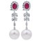 Platinum Dangle Earrings with White Pearls, Rubies and Diamonds, Set of 2 1
