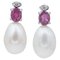 18 Karat White Gold Dangle Earrings with Pearls, Rubies and Diamonds, Set of 2 1