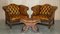 Mobilier de Salon Chesterfield Antique en Cuir Marron, Set de 4 2