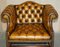 Antique Brown Leather Chesterfield Library Living Room Set, Set of 4 6