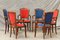 Spanish Oak Chairs in Smooth Red and Blue Velvet, Set of 6 5