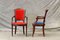 Spanish Oak Chairs in Smooth Red and Blue Velvet, Set of 6 2