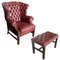 English Georgian Tufted Red Leather Wingback Chair and Ottoman, Set of 2 1