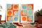 Natalia Roman, composizione di piastrelle con motivo Yin Yang dorato con forme arancioni e turchesi, 2022, acrilico su carta per acquerello, Immagine 6