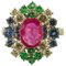 Anillo Cluster de oro blanco con rubí, diamantes, esmeraldas y zafiros azules, Imagen 1