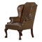 19th Century English Olive Leather & Mahogany Wingback Armchair 1