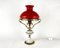 Belgian Table Lamp with Gilt Bronze and Red Glass Lampshade, 1970s, Image 1