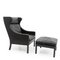 Black Leather Wingchair and Footstool by Borge Mogensen for Fredericia, 1960s, Set of 2 3