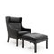 Black Leather Wingchair and Footstool by Borge Mogensen for Fredericia, 1960s, Set of 2 2