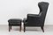 Danish Modern Wing Chair and Stool with Black Leather in Kaare Klint Style, 1970s, Set of 2 7
