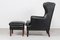 Danish Modern Wing Chair and Stool with Black Leather in Kaare Klint Style, 1970s, Set of 2, Image 7