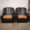 Vintage Black Vinyl and Orange Fabric Seated Armchairs, 1960s, Set of 2 3