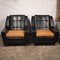 Vintage Black Vinyl and Orange Fabric Seated Armchairs, 1960s, Set of 2, Image 3