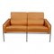 2-Seater Airport Sofa with Cognac Aniline Leather and Brass Frame by Arne Jacobsen for Fritz Hansen, 1960s 1