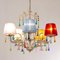 5-Light Chandelier with Multicolored Lampshades, Ivory Structure & Colored Murano Glass Pendants 3