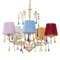 5-Light Chandelier with Multicolored Lampshades, Ivory Structure & Colored Murano Glass Pendants, Image 1