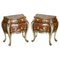 French Marquetry Inlaid Walnut & Marble Bedside Tables with Drawers, Set of 2 1