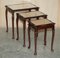 Vintage Gold Leaf Embossed Nesting Tables with Brown Leather Tops, Set of 3 3