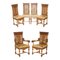 Gothic Revival Hand Carved Walnut and Brown Leather Dining Chairs, Set of 6 1