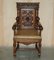 Gothic Revival Hand Carved Walnut and Brown Leather Dining Chairs, Set of 6 14
