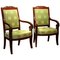 18th Century French Mahogany and Green Silk Upholster High Back Armchairs, Set of 2 1