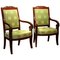18th Century French Mahogany and Green Silk Upholster High Back Armchairs, Set of 2, Image 1