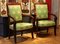 18th Century French Mahogany and Green Silk Upholster High Back Armchairs, Set of 2 2