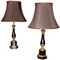 20th Century French Black Enamel Tole and Gilt Bronze Table Lamps with Silk Shade, Set of 2, Image 1