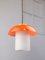 Mid-Century Mushroom Hängelampe aus orangefarbenem Glas & Messing 3