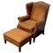 Vintage Dutch Cognac Colored Wingback Leather Club Chair with Footstool, Set of 2 1