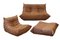 Tobacco Brown Leather Togo Sofa, Armchair and Pouf by Michel Ducaroy for Ligne Roset, 1970s, Set of 3 1