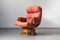 Rotating Rattan Easy Chair with Light Red Cushions, 1960s 1