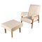 Mid-Century Italian Modern Beige Fabric and Wood Armchair with Pouf, 1960s, Set of 2 1