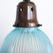 Lámpara colgante Holophane antigua de vidrio azul con galerías de cobre, años 30, Imagen 8