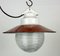 Industrial Red Enamel Porcelain Pendant Light with Ribbed Clear Glass, 1970s 4