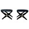Stools in Black Lacquered Wood and Blue Leather, Set of 2 1