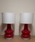 Vintage Red Glass Base and White Fabric Screen Table Lights, 1970s, Set of 2 1