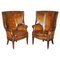 Antique Victorian Chippendale Wingback Armchairs in Brown Leather, 1860, Set of 2 1