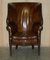 Antique Victorian Chippendale Wingback Armchairs in Brown Leather, 1860, Set of 2 3