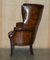 Antique Victorian Chippendale Wingback Armchairs in Brown Leather, 1860, Set of 2 18