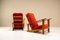 Dutch Beech and Vermillion Upholstery Lounge Chairs attributed to Groenekan 1950s, Set of 2 3